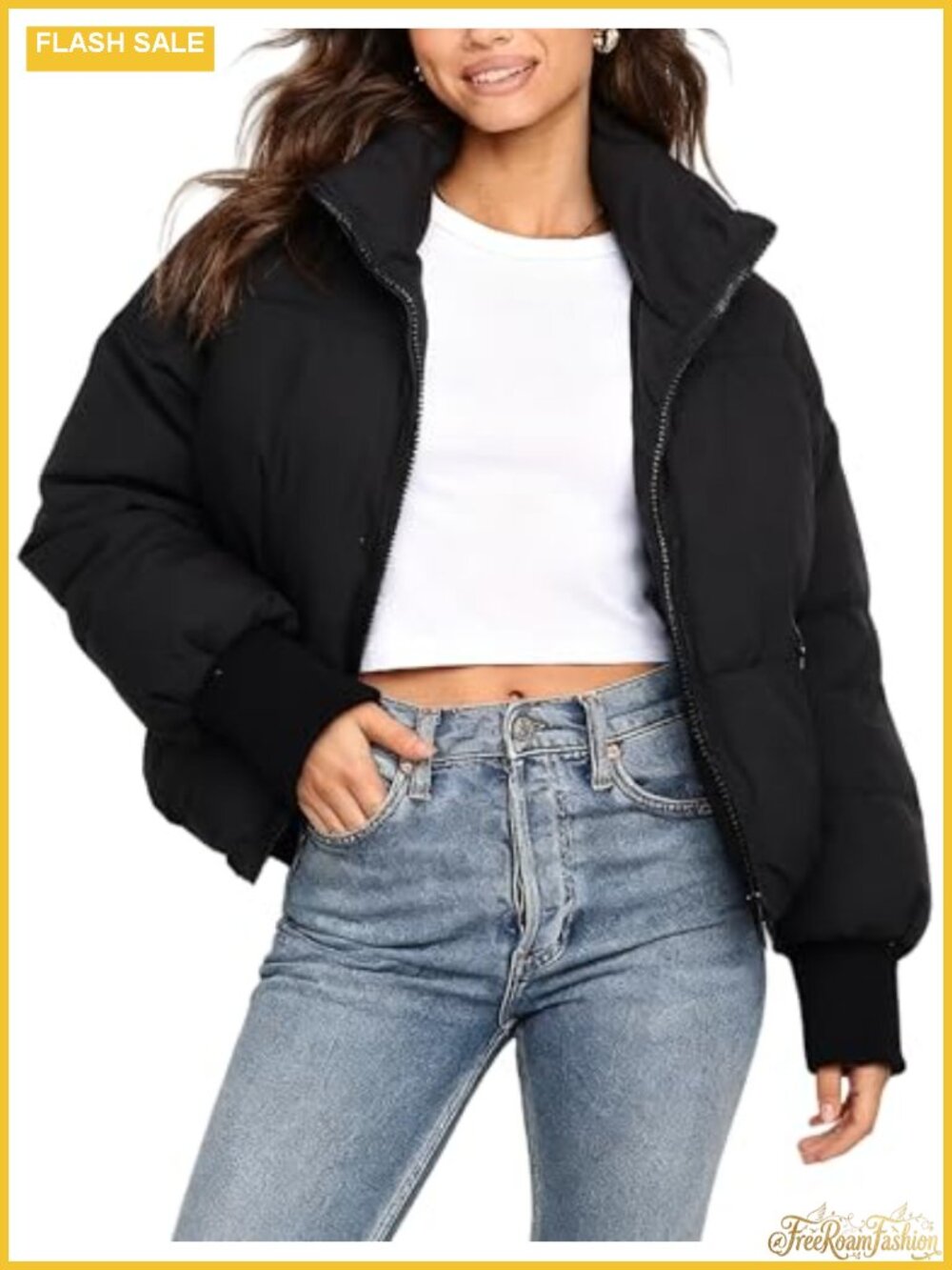 Oversized Cropped Puffer Jacket Quilted Zip Up Winter Coat